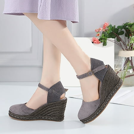 

ZHELIYO Women s sandals Fashion Women Summer Flock Weave Wedges Breathable Buckle Strap Round Toe Sandals Comfortable Beach Shoes Gray 7