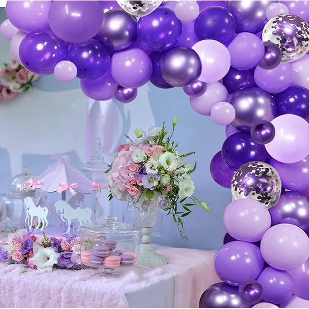 Kit de arco de guirnalda de globos de tonos morados, surtido de 5, 10 ", 12 confeti metálico claro pastel oscuro, juego de globos morados para boda, cumpleaños, morado, 100 Uds.