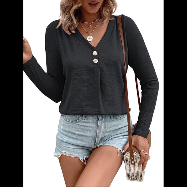 Camisetas de Verano con Cuello en V para Mujer, Estilo Informal, Tipo Túnica con Botones y Cuello Henley Negro XXL