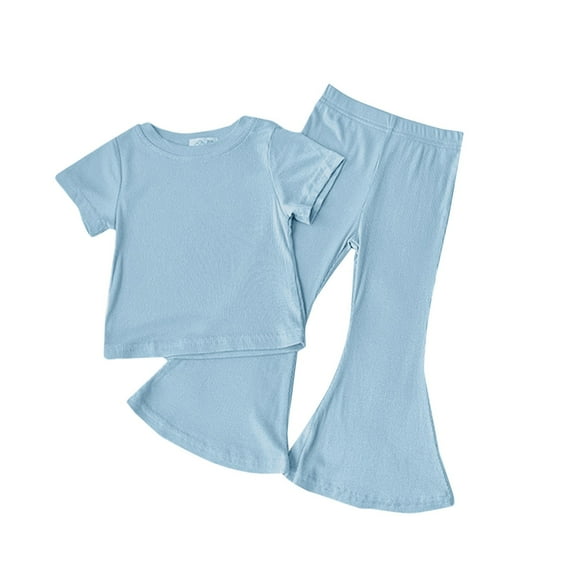 2025 2-8Y Girls Solid Colour Loose Leisure Short Sleeve Round Neck Blouses T Shirt Bell Bottom Pants Two Piece Sets Blue