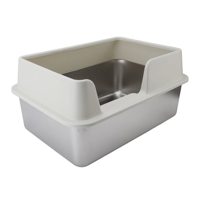 Stainless Steel Cat Litter Box, Open Top Cat Litter Tray with Scoop and High Side Litter Box Enclosure, Covered Litter Box with Lid for Kitty, Medium Sized Pets, Easy to Clean