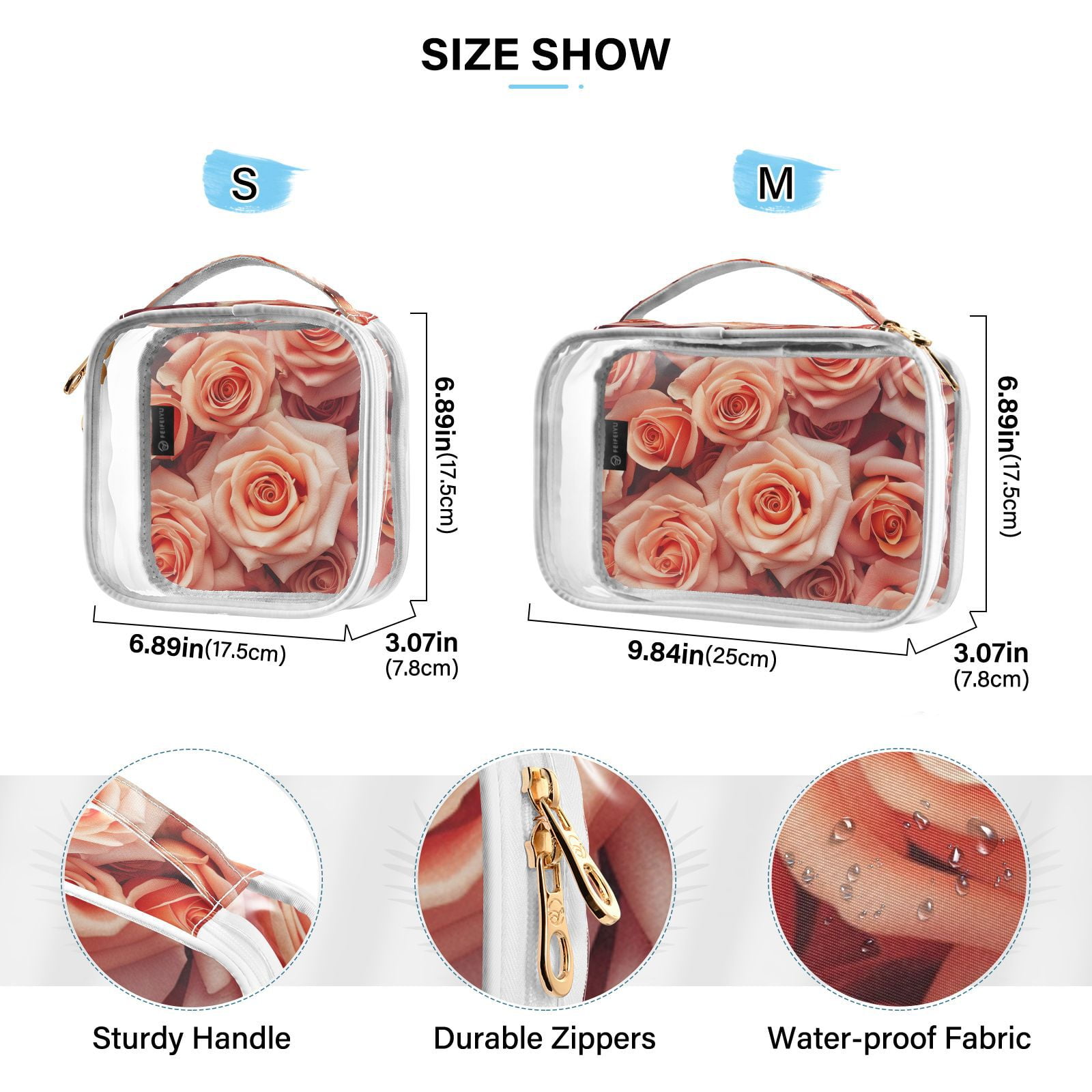 Clear Makeup Bags with Handle Large Opening 2 Pack Set Toiletry Bag Quart Size Bag, for Women Man Traveling Travel Essentials, Toiletries and Other. Valentine's Pink Roses Bloom