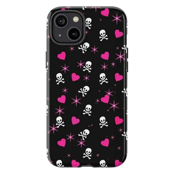 Y2K Skull and Hearts Phone Case, Black Emo Punk Rock Protective Cover with Pink Stars, Cute Gothic Grunge iPhone Case for iPhone 17 16 15 14 13 12 11 Pro Plus Mini