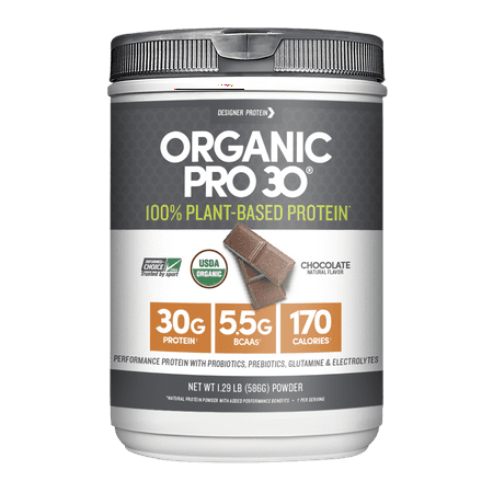 Designer Protein Organic Pro 30 100% Plant Based Protein Powder, Chocolate, 30g Protein, 1.3 Lb