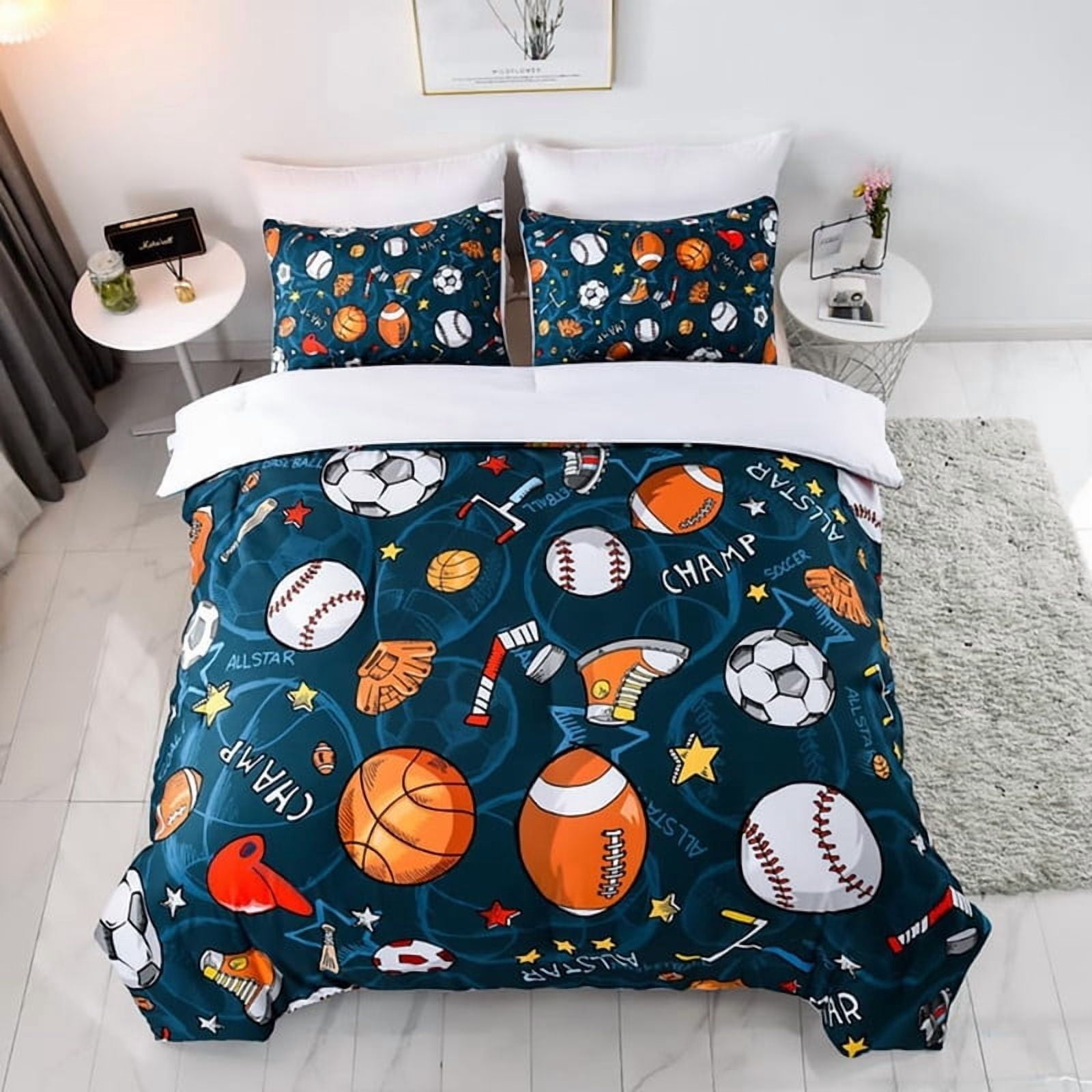 Basketball & Football Bedding Set for Boys Teens - 3 Piece Twin Comforter Cover with 2 Pillowcases, Sporty Duvet Cover for Kids, Boys Room Decor