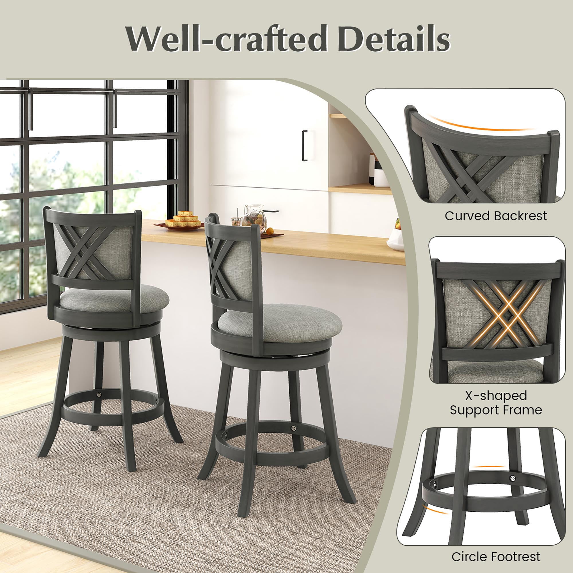 Gymax Swivel Bar Stools Set of 4 w/ Soft-padded Back & Seat Sturdy Wooden Frame