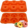 thumbnail image 4 of Paquete de 3 moldes de silicona para rosquillas, bandeja para hornear segura antiadherente de 6 cavidades, resistente al calor para pasteles, galletas, bagels, magdalenas, naranja Xemadio MZQ-0108, 4 of 7
