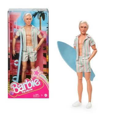 Barbie The Movie Ken Doll Wearing Pastel Pink and Green Striped Beach Matching Set with Surfboard