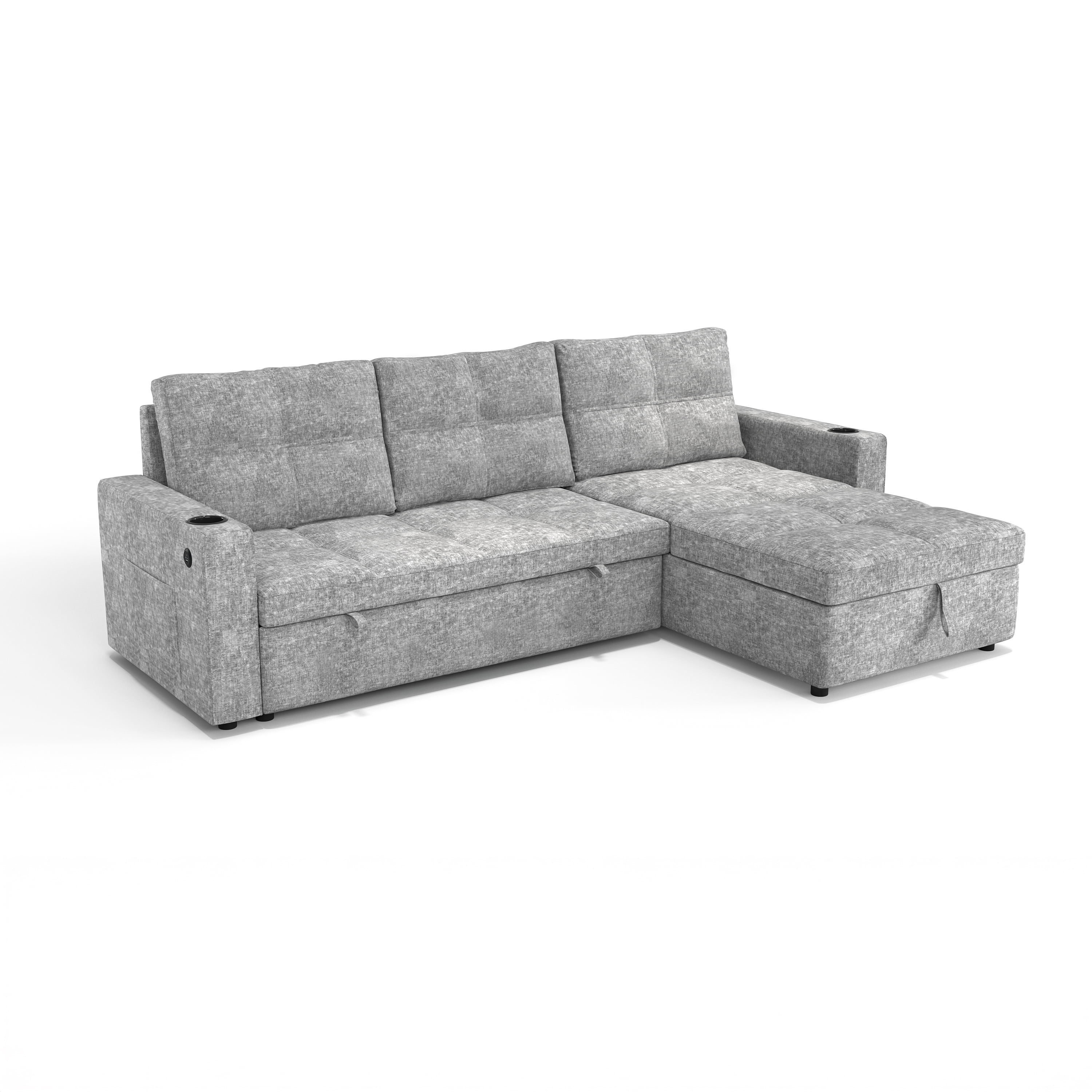 Modern Contemporary Convertible Chaise Sectional with Hidden Storage & Sleeper, Light Grey