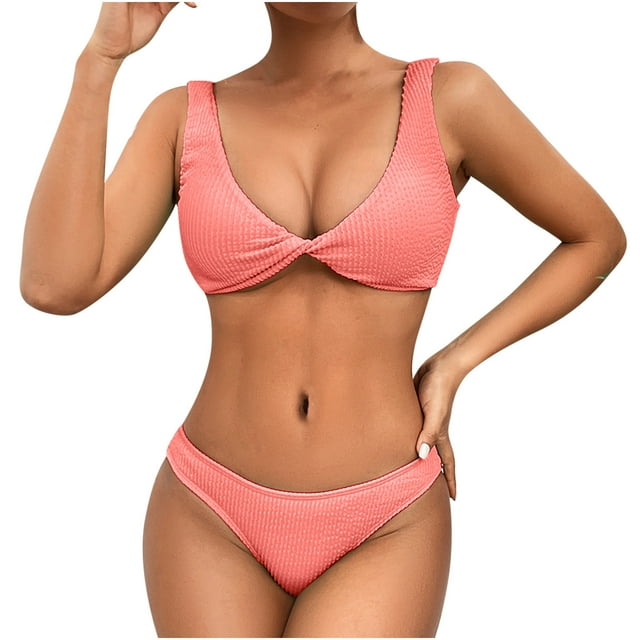 Penkiiy Women Triangle Halter Thong Bikini Set Ruffle Sexy String Two Piece Swimsuit Bathing Swimwear M Pink