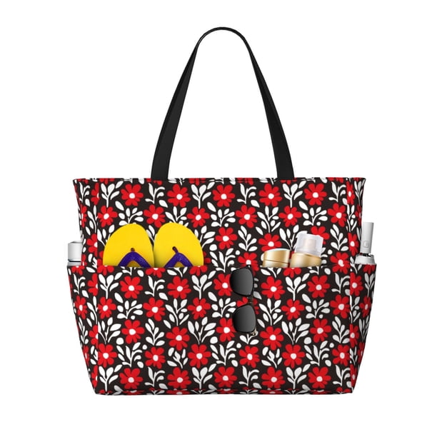 Easygdp Red Floral Bolsa de Viaje de Playa de Gran Capacidad, Bolsa Tote Perfecta para la Playa, Escapadas de Fin de Semana y Viajes