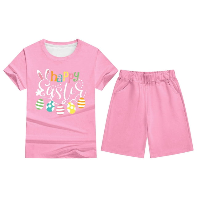 XDZJLR Ensemble de Pyjama pour Bébé Fille Garçon Imprimé de Pâques Manches Courtes T-Shirt Haut et Short Rose 11-12 Ans