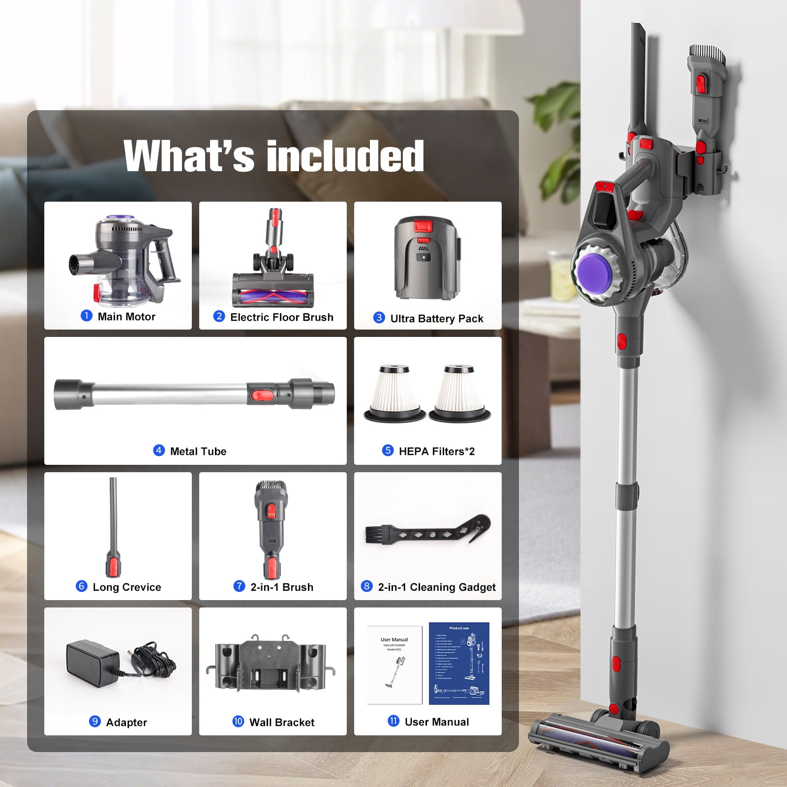 HOOFUN Cordless Vacuum Cleaner, 50mins Runtime, Powerful Stick Vacuum 6*2600mah Rechargeable Cordless Vacuum for Carpet, Tile, Pet Hair, Hardwood Floors, Silver gray