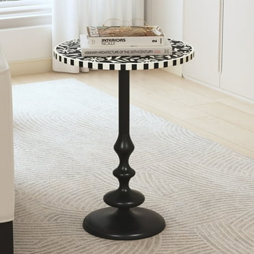 Caldera Round Pedestal Side End Table, Metal, Resin, Black   White
