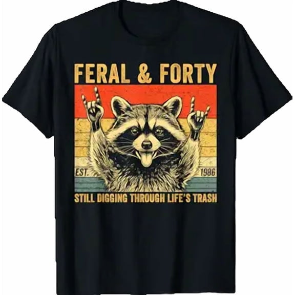 Funny 40th Birthday Est 1986 Feral & Forty Raccoon Graphic T-Shirt