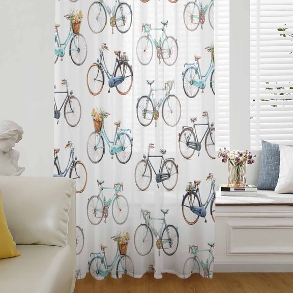Bicycles Sheer Curtains 63 Inches Long for Living Room/Bedroom, White Vintage Vehicle Modern Abstract Art Rod Pocket Voile Kitchen Curtains & Drapes Window Treatment 1 Panel, 52"W x 63"L