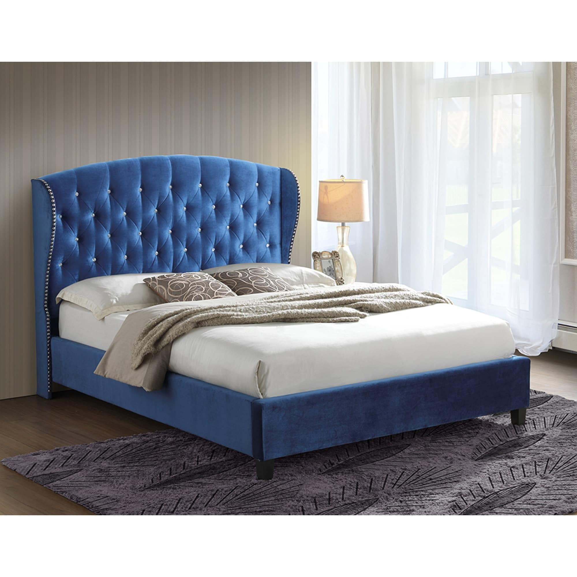 Sky Blue Tufted Classic Velvet Wingback Queen Platform Bed with a 65-in