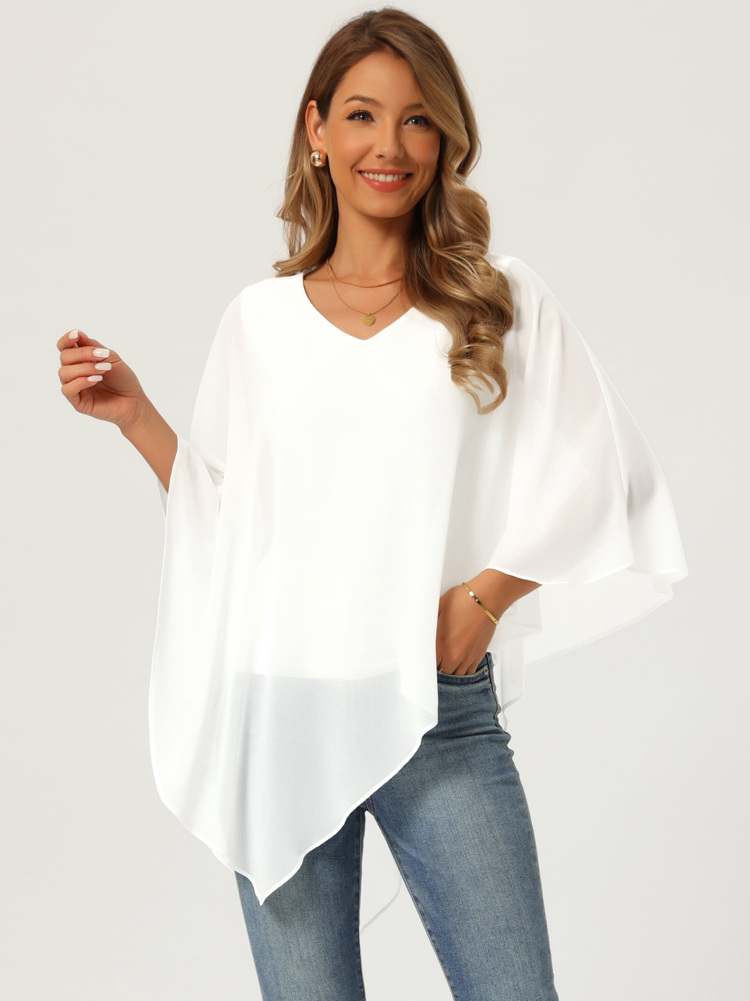 DARING DIVA Women's Flowy V Neck Chiffon Blouse Asymmetrical Top S White