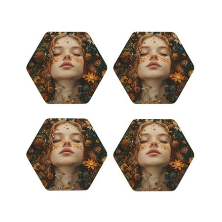 

Vsdgher Whimsical Flower Crown Maiden Leather Coasters for Drinks Durable Drink Coasters 4 Set for Tabletop Protection Luxurious Home Décor and Housewarming Gift-Hexagon