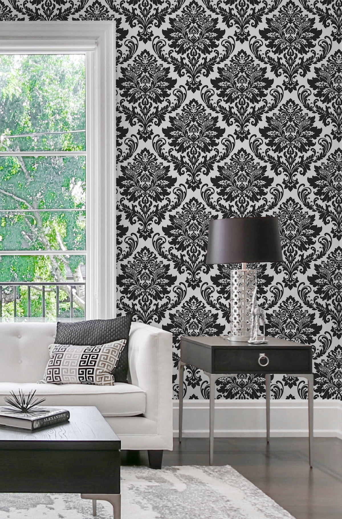 NextWall  Black Damask Peel and Stick Removable Wallpaper - 20.5 in. W x 18 ft. L