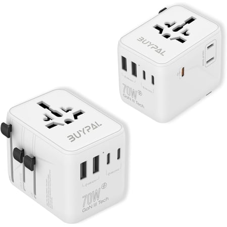 70W World International Travel Plug Adapter - Powerful GaN Tech with 3X USB-C and 2 USB-A Ports Cruise Approved, Plug Type I C G A Outlets 100V 250V A/C, EU US UK AUS Asia (Charge 7 Devices)