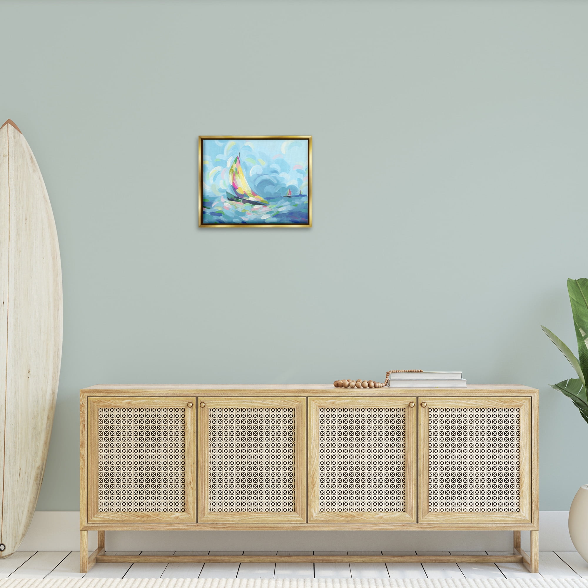 Stupell Industries Abstract Sailboat Scenery Nature Painting Gold Floater Framed Canvas Art Print Wall Art, 21 x 17