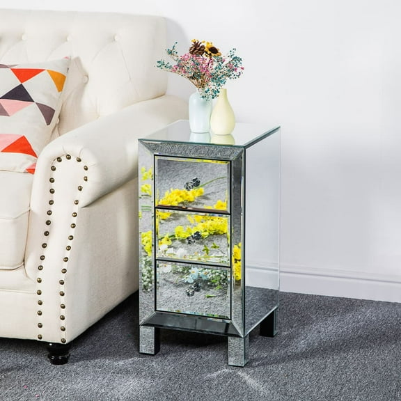 Hassch Night Stand with 3 Storage Drawers, Mirrored Bedside Table, End Table for Small Space, Living Room, Bedroom, Silver