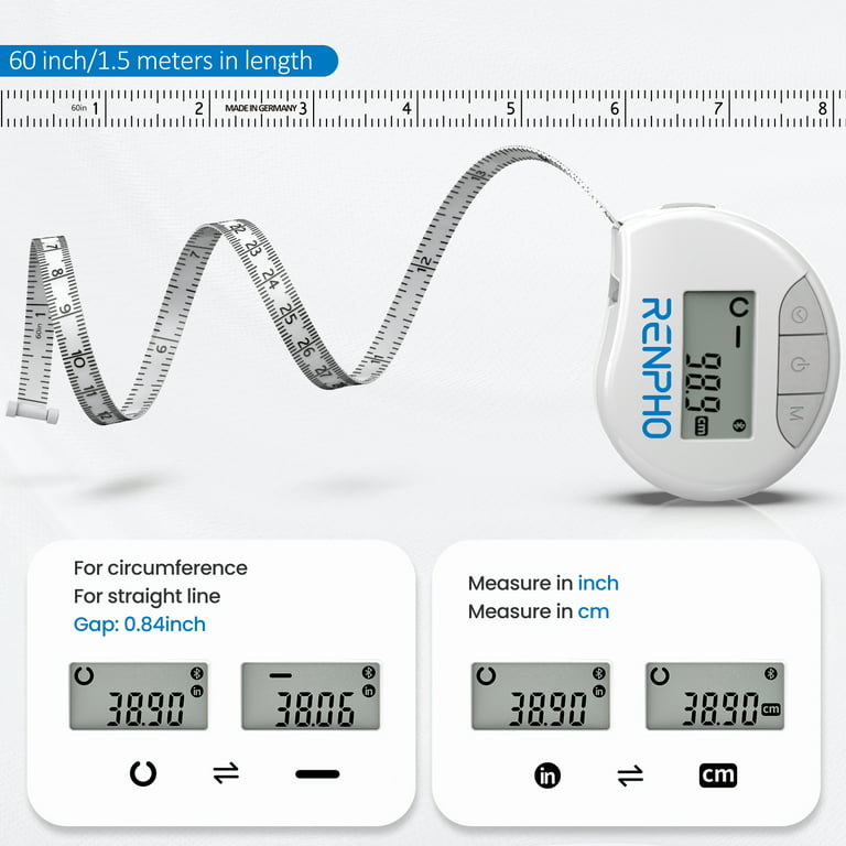 RENPHO Smart Tape Measure with App, Small Bluetooth Measuring Tape with LCD Display for Monitoring Body Circumference, Tailors, Pregnant, White