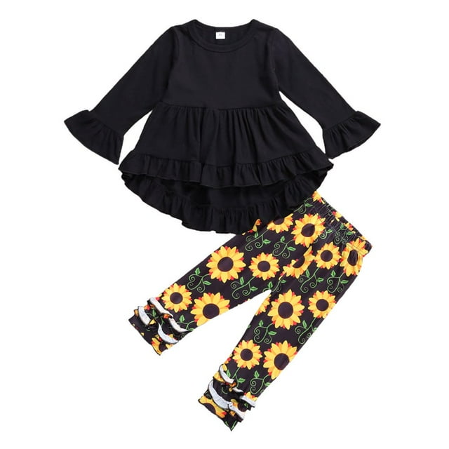 Ensemble pour Enfants 2 Pcs Haut à Manches Longues Évasées Pantalon Long Élastique à Imprimé Floral 1-6 Ans