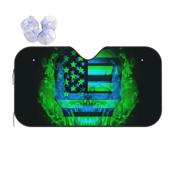 XMXY Car Sun Shade Windshield, American Flag Skull Green Print Automotive Front Window Sun Visor for Cars SUV Trucks, Medium Size