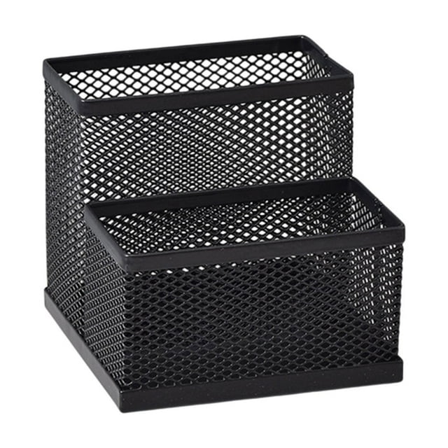 Desk Organizer with Compartments for Women, Metal Letter-Style Pen Holder, 4.13 in x 4.13 in x 3.82 in, Black, Scratch-Resistant Steel Mesh, No Assembly Required