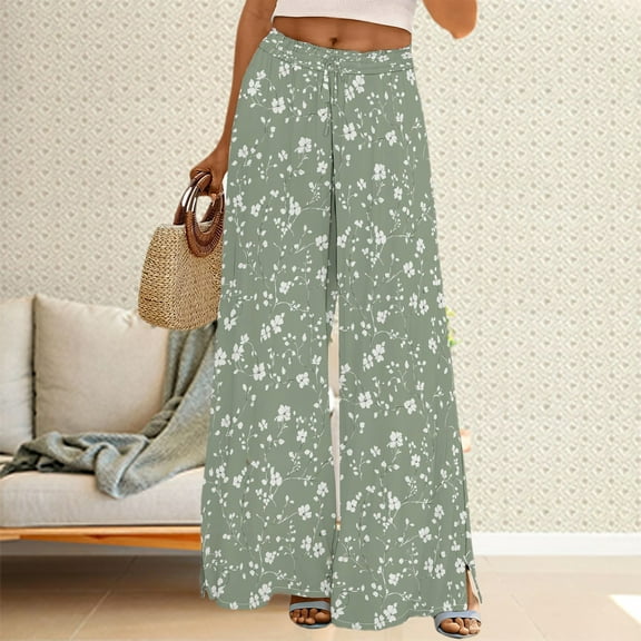 Green Women's Casual Pants, Womens Wide Leg Palazzo Pants Boho Floral 2025 Summer Beach Culottes Flowy Casual Trousers For Vacation,Women's Casual Pants XL