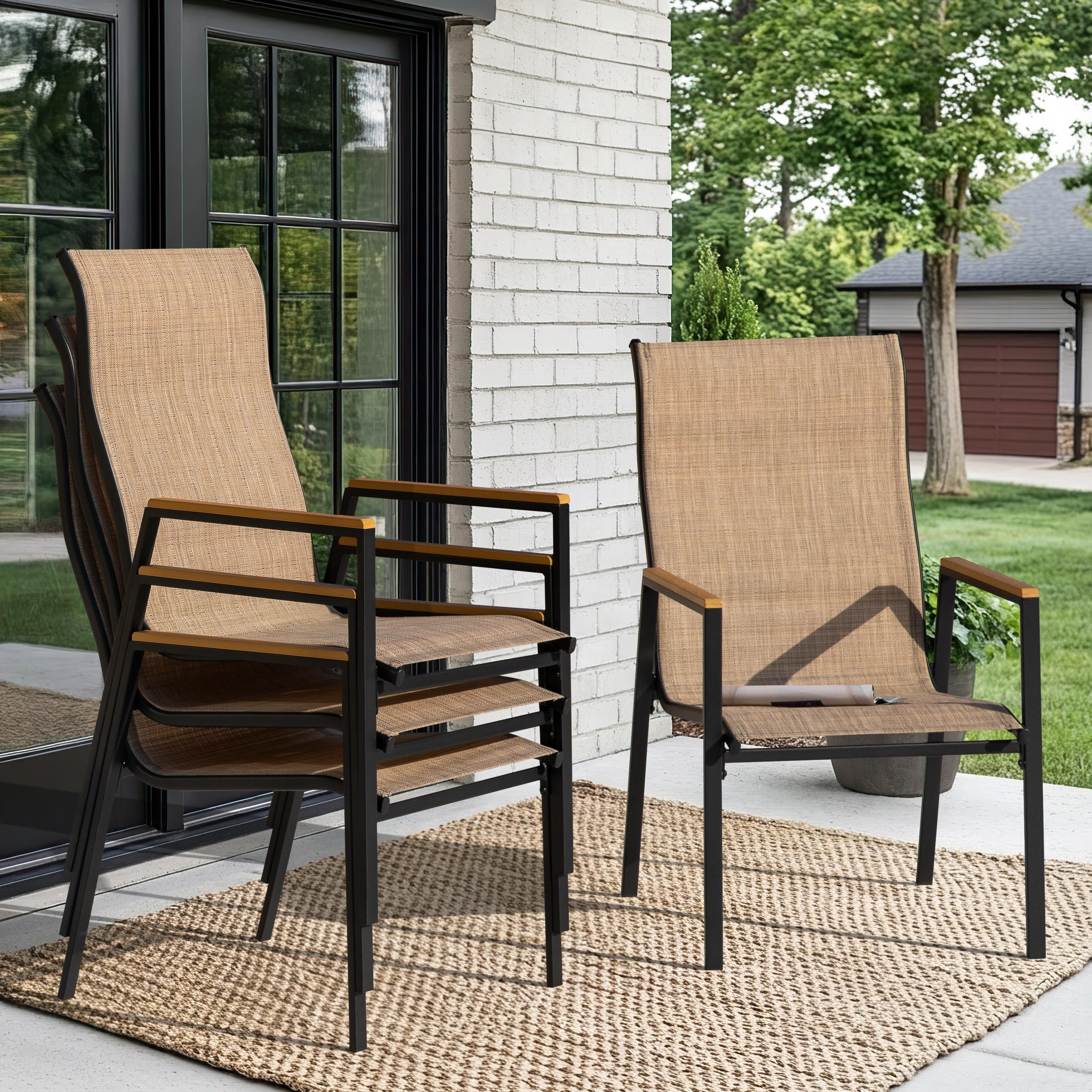 Nuu Garden Outdoor Patio Dining Chairs Set of 4, Stackable Outdoor Dining Chairs with High Back, Wide Seat and Faux Wood Armrests, Breathable Textilene, Powder-Coated Frame for Outside, Khaki
