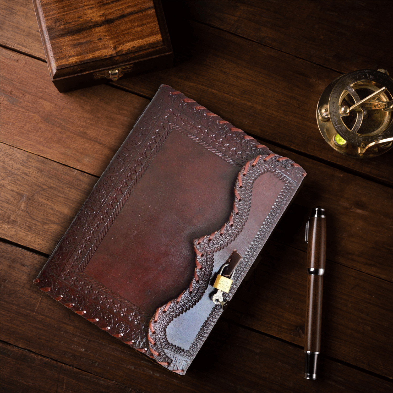 Jaald 10" Leather Journal Blank Notebook Handmade Travel Diary with Lock Writing Bullet Journal Christmas Gift Brown Sketchbook for Artists