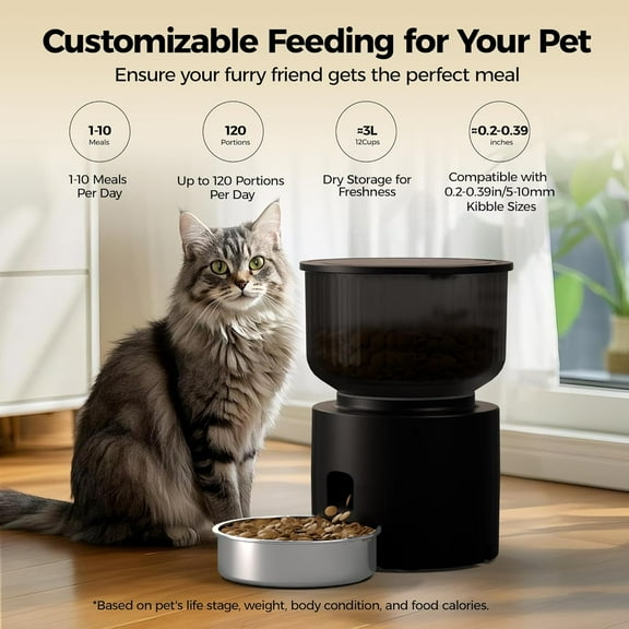 3L Automatic Cat Feeder, Stainless Steel Bowl, 2.4G WiFi Pet Feeder with APP Control for Remote Feeding, 1-10 Meals Per Day, Detachable for Easy Clean (Black - Basic Edition)