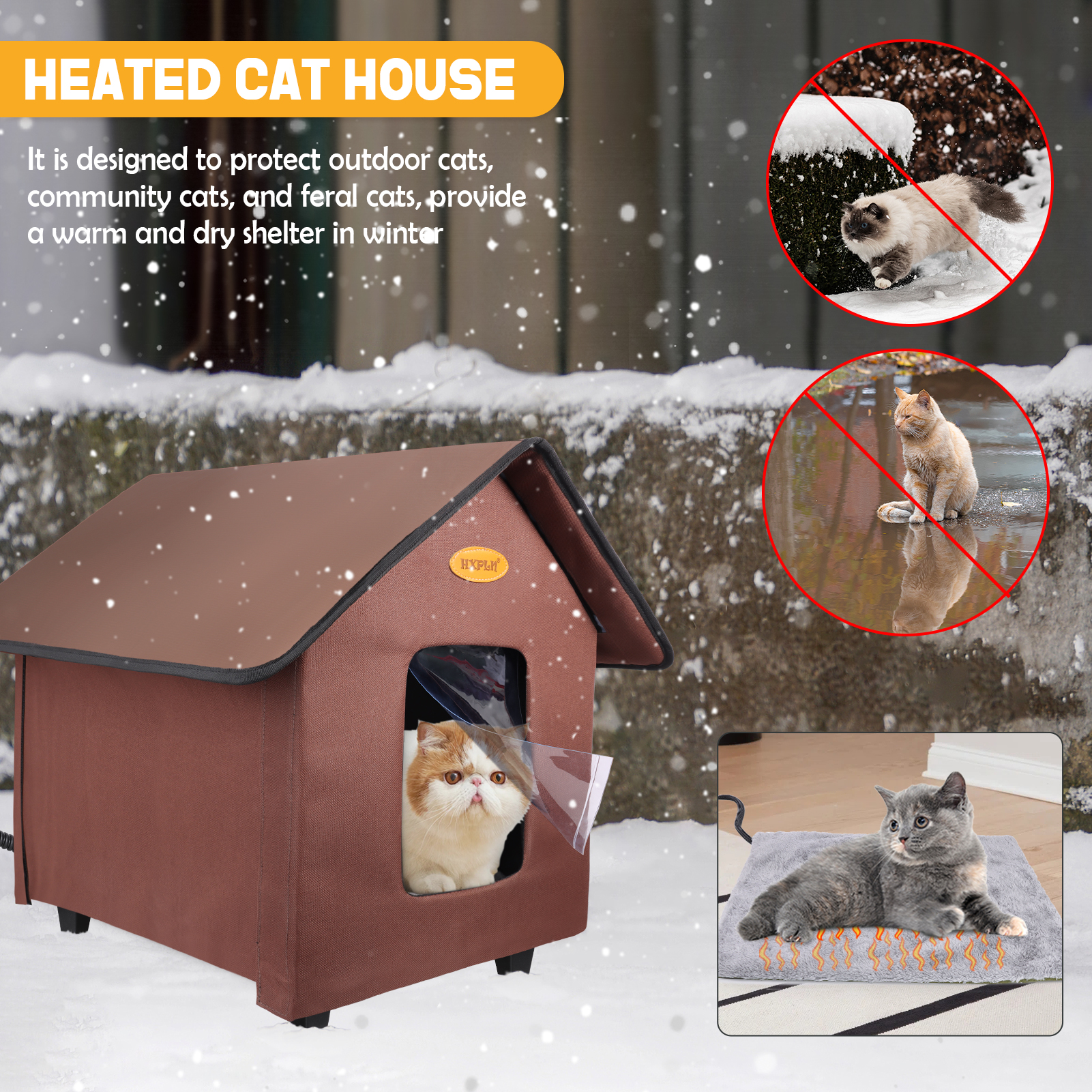 Heated Cat Houses for Outdoor Cats - Elevated Weatherproof Insulated Heated Outdoor Cat House for Winter - Feral Cat Shelter for Outside Cats - Outdoor Heated Cat House (Brown)
