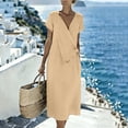 thumbnail image 6 of Pounoo Women's Dresses V Neck Short Sleeve Wrap Linen Blend Midi Dress With Waist Tie Casual Beach Wear Lightweight Breathable Loose Fit Vacation Sundresses Gift, 6 of 7