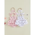 thumbnail image 3 of BemeyourBBs Newborn Baby Girl Summer Clothes Smocked Romper Dress Outfit Cherry Print Sleeveless Tie-up Romper Bodysuit with Bow Headband 2 Piece Set, 3 of 9