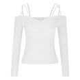 thumbnail image 4 of XFLWAM Women Spaghetti Straps Long Sleeve Ribbed Knit Top Off Shoulder V Neck Shirt Cold Shoulder Solid Color Slim Blouse White 3XL, 4 of 6