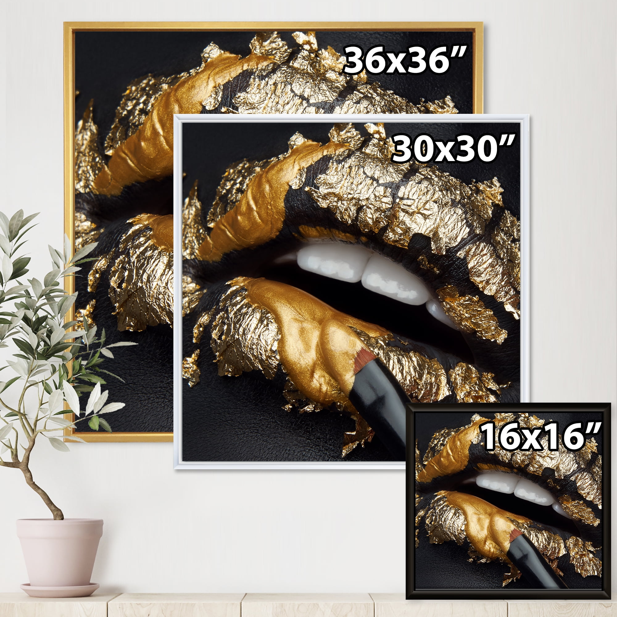 Designart 'Female Lips With Black Leather and Gold Foil' Modern Framed Canvas Wall Art Print