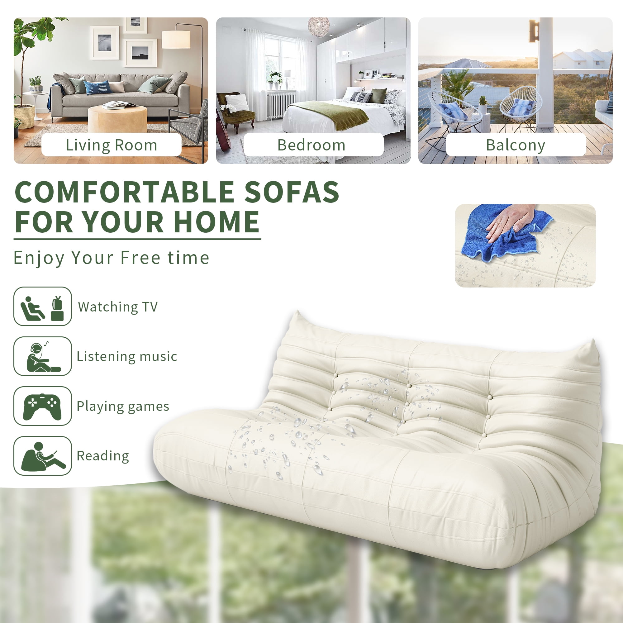 Gtilzria Lazy Sofa, Bean Bag Chair for Adults Comfortable Floor Couch, 3 Seat Fireside with Faux Leather Lounge Chair for Living Room, Bedroom, Beige