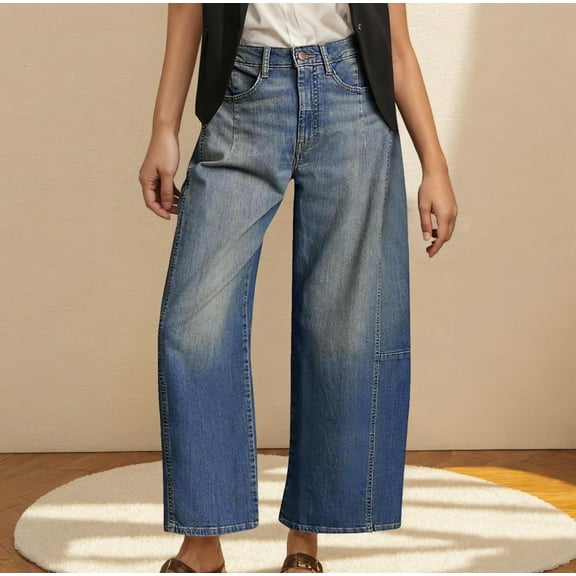 Gamivast Cropped Jeans for Women Trendy Mid-Low Rise Baggy Jeans Wide Leg Distressed Pants Stretchy Button Pants with Pockets Straight Loose Casual Denim Jeans Fall Fashion Outfits 2025