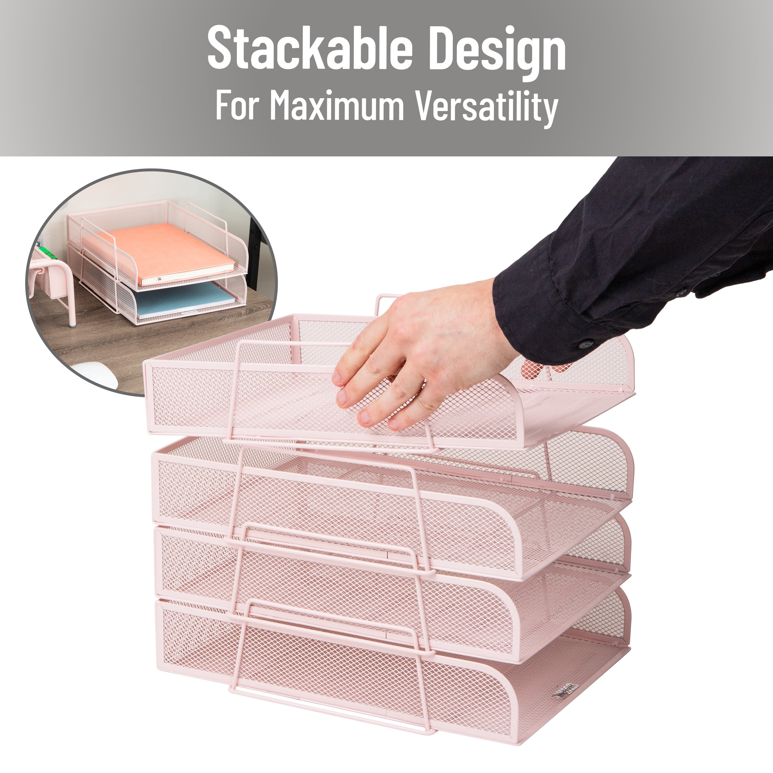 Mind Reader Stackable Paper Tray, Desktop Organizer, Metal 10.5"L x 13.5"W x 11.25"H, 4 Pieces., Pink