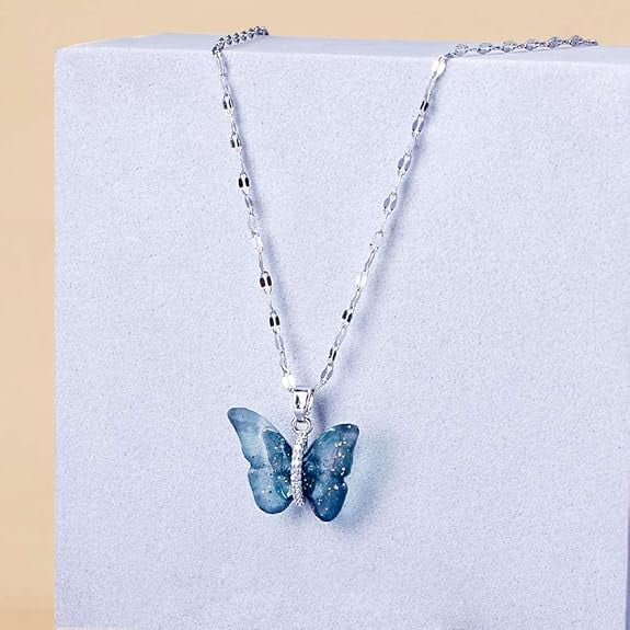 Blue Winged Butterfly Pendant Necklace for Women