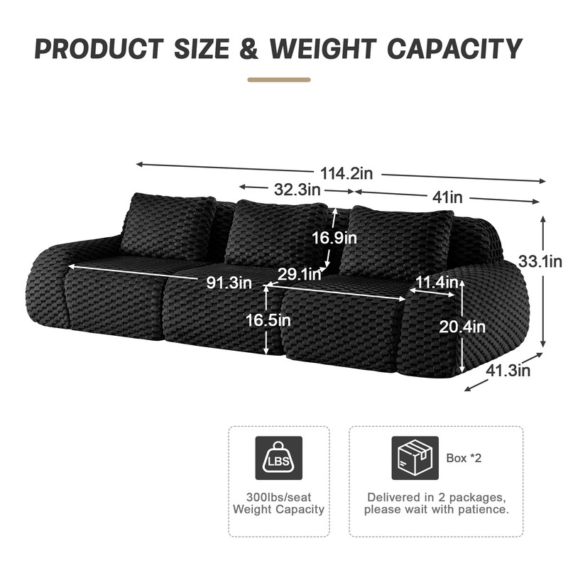 114" Modern Modular Sectional Sofa for Living Room,Flannelette Fabric,Oversized 3-Seater Couch,boneless sofa,Deep Seat,Buckle connection,Anti-slip Design,No Assembly,Black