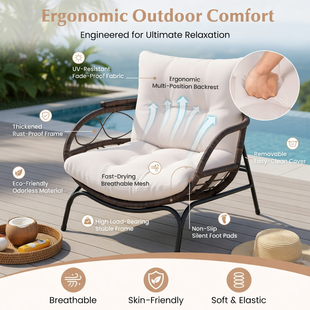 Hommoo Outdoor Wicker Egg Chair with Beige Cushions, PE Rattan Lounge Basket Chair for Patio, Backyard & Poolside, Ergonomic Design, Brown