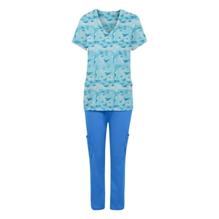 

Inkach Men Women Short Sleeve V-Neck Tops+Pants Nursing Working Uniform Set Suit
