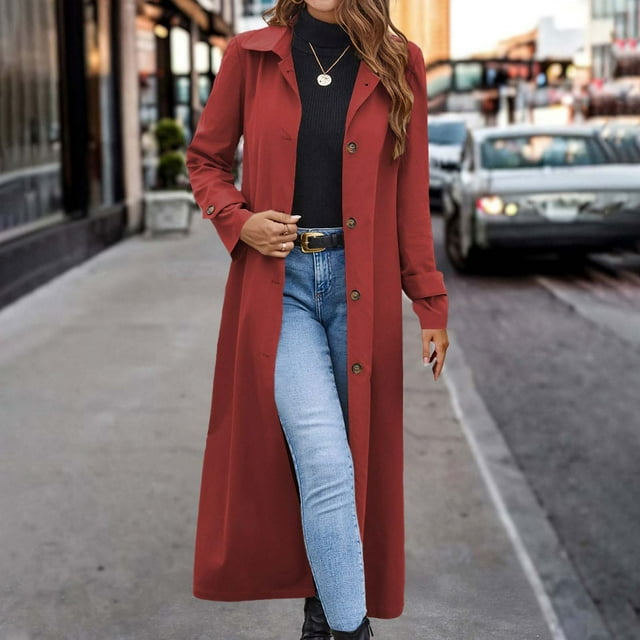 LOVZFMLL Jackets for Women's Button Solid Color Lapel Trench Coat Jacket