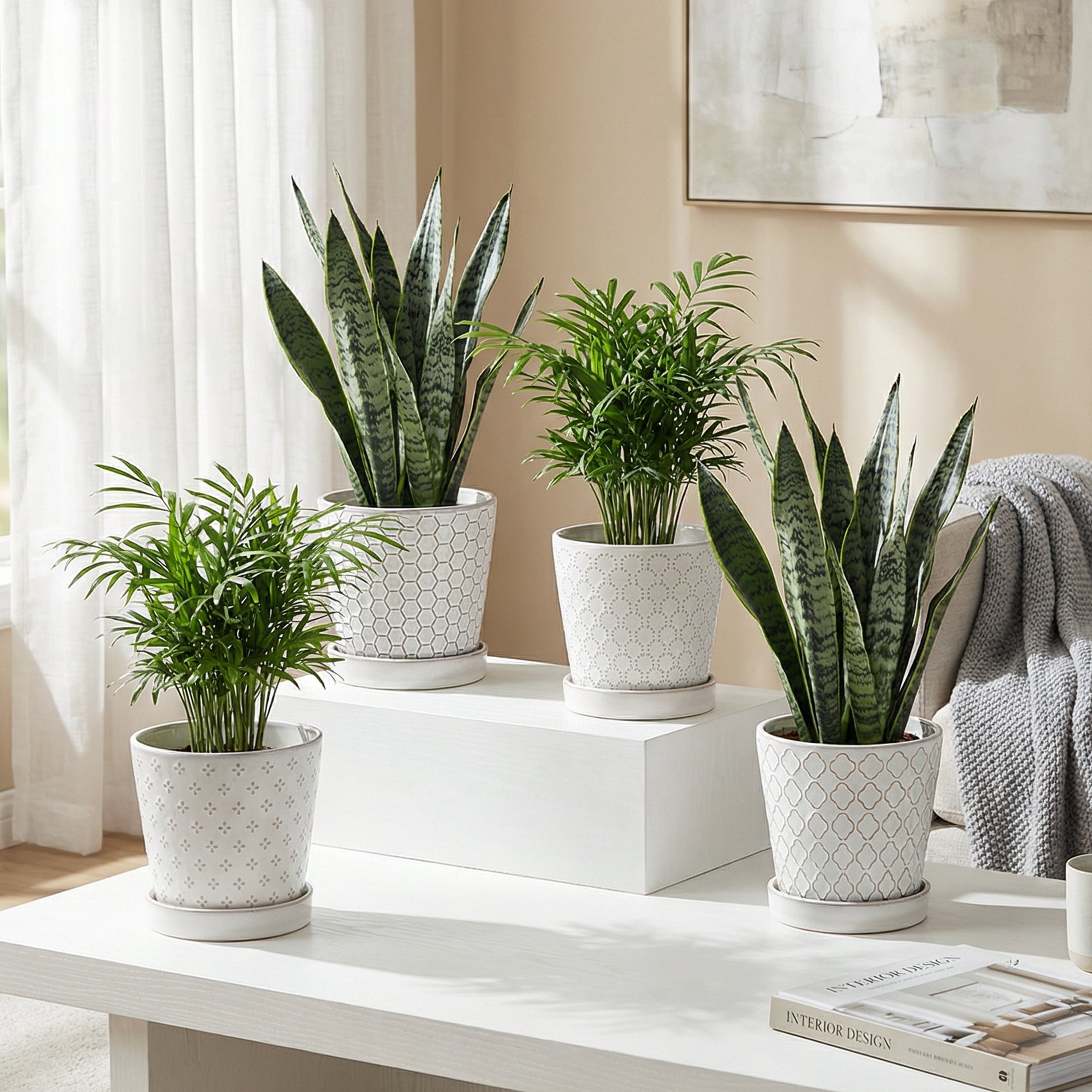 EFISPSS 5 inch White Ceramic Plant Pots with Drainage Holes and Tray, 4-Pack Indoor Flower Pots for Herbs, Cactus, Home & Office Decor