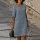 thumbnail image 1 of SAILING Vestido midi de lino y algodón de manga corta para mujer, vestido holgado con cuello en V liso para mujer-9, 1 of 3